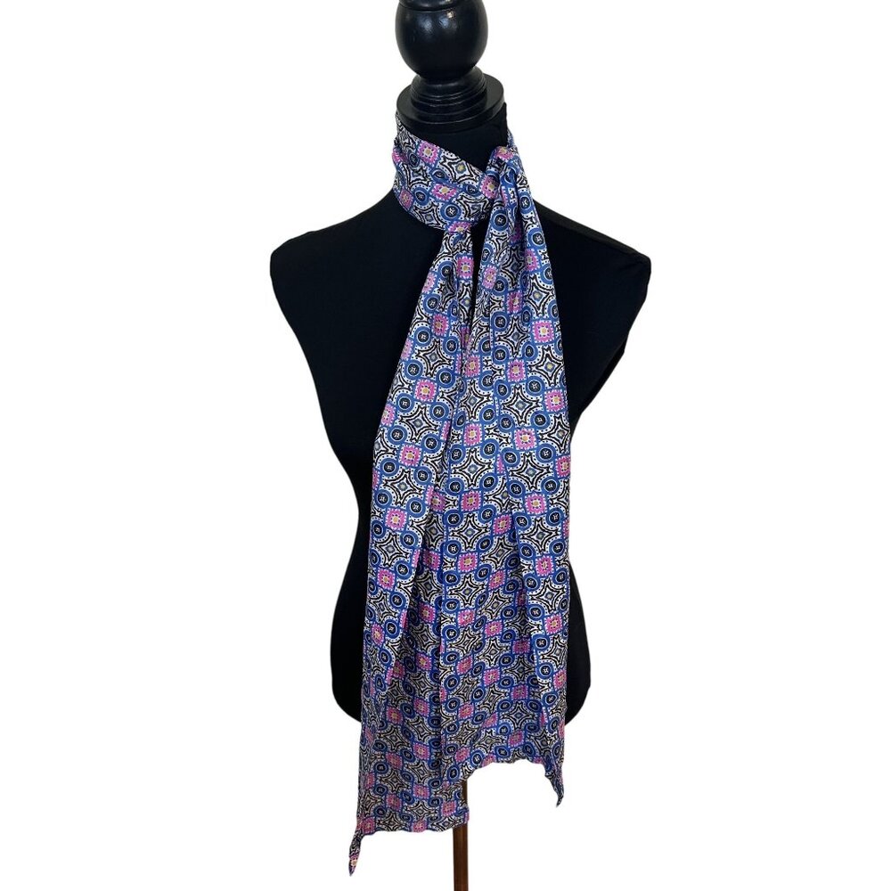 Vintage Blue Womens Neck Head Scarf Geometric Mandala 1970s Pink